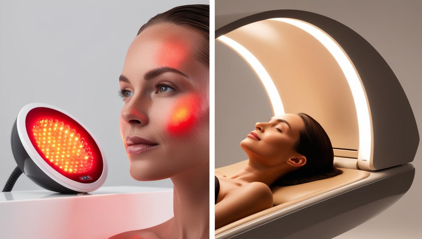 A split screen image with a red light therapy on the left VS tanning beds on the right.