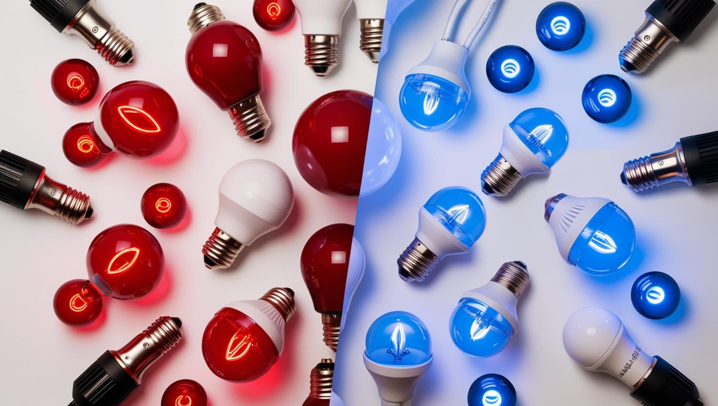 A feature image showing nothing but red light therapy bulbs on the left and blue light UV bulbs on the right.