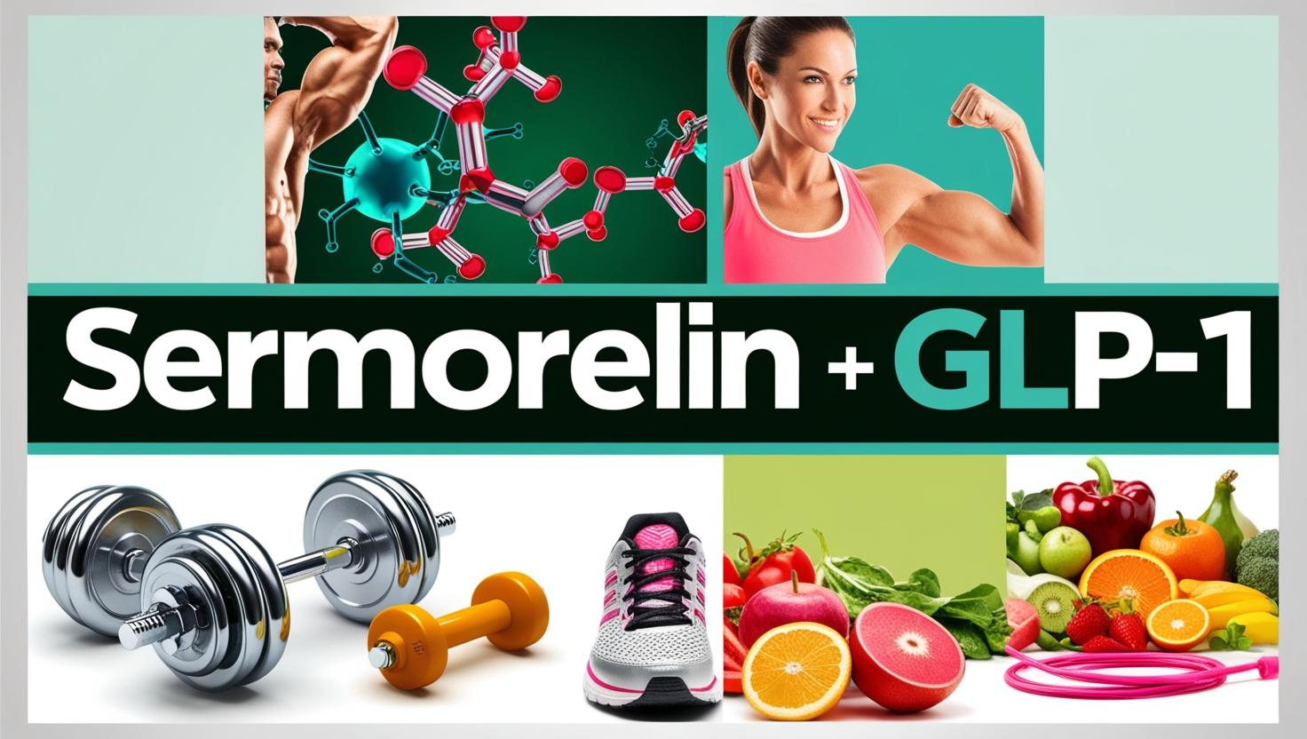 Text reading "Sermorelin + GLP-1" with a collage-style background showing sermorelin molecules, and weight loss images like dumbbells, flexing arm muscles, running shoes, jump ropes, fruits and vegetables, etc