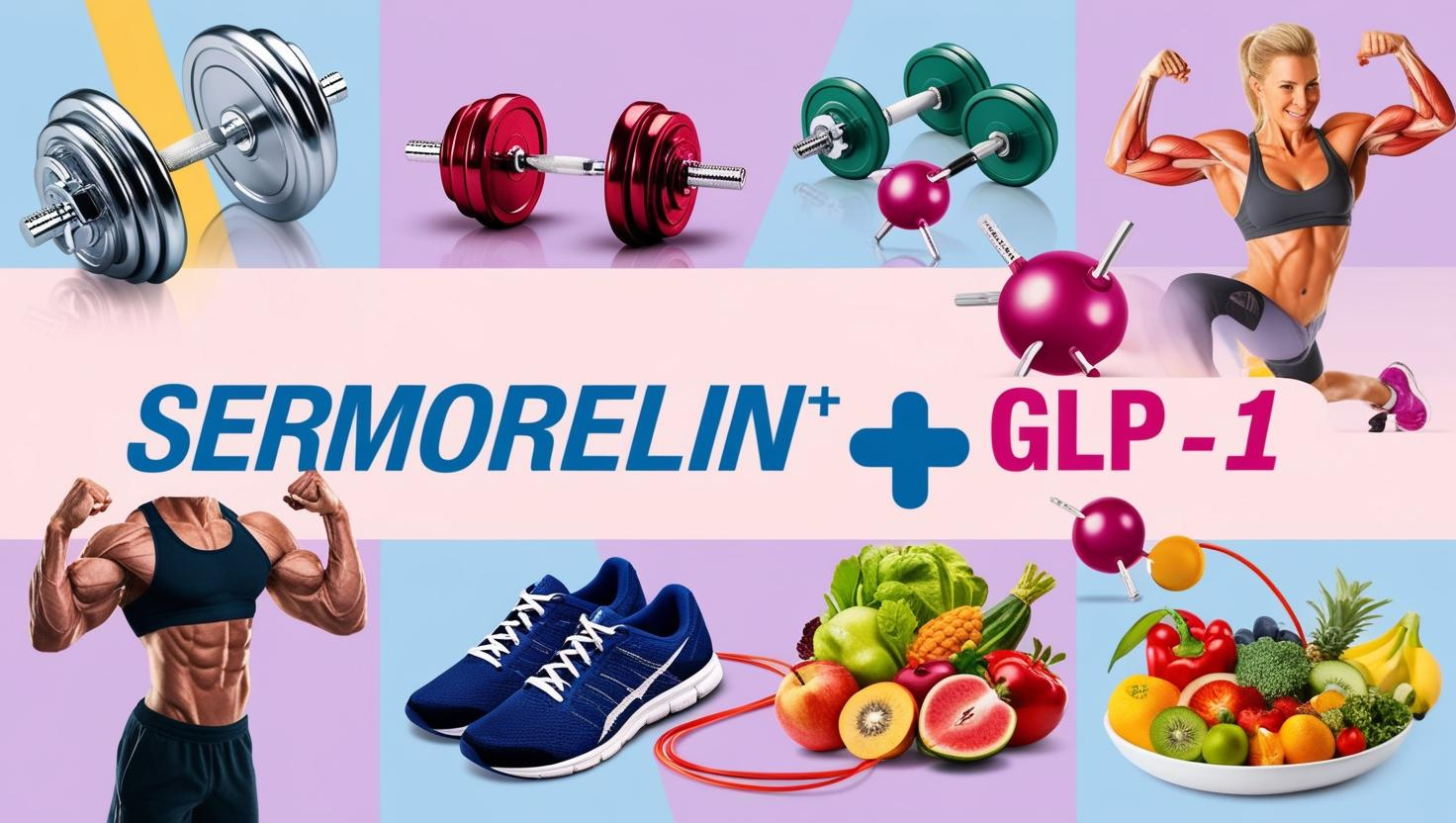 Text reading "Sermorelin + GLP-1" with a collage-style background showing sermorelin molecules, and weight loss images like dumbbells, flexing arm muscles, running shoes, jump ropes, fruits and vegetables, etc