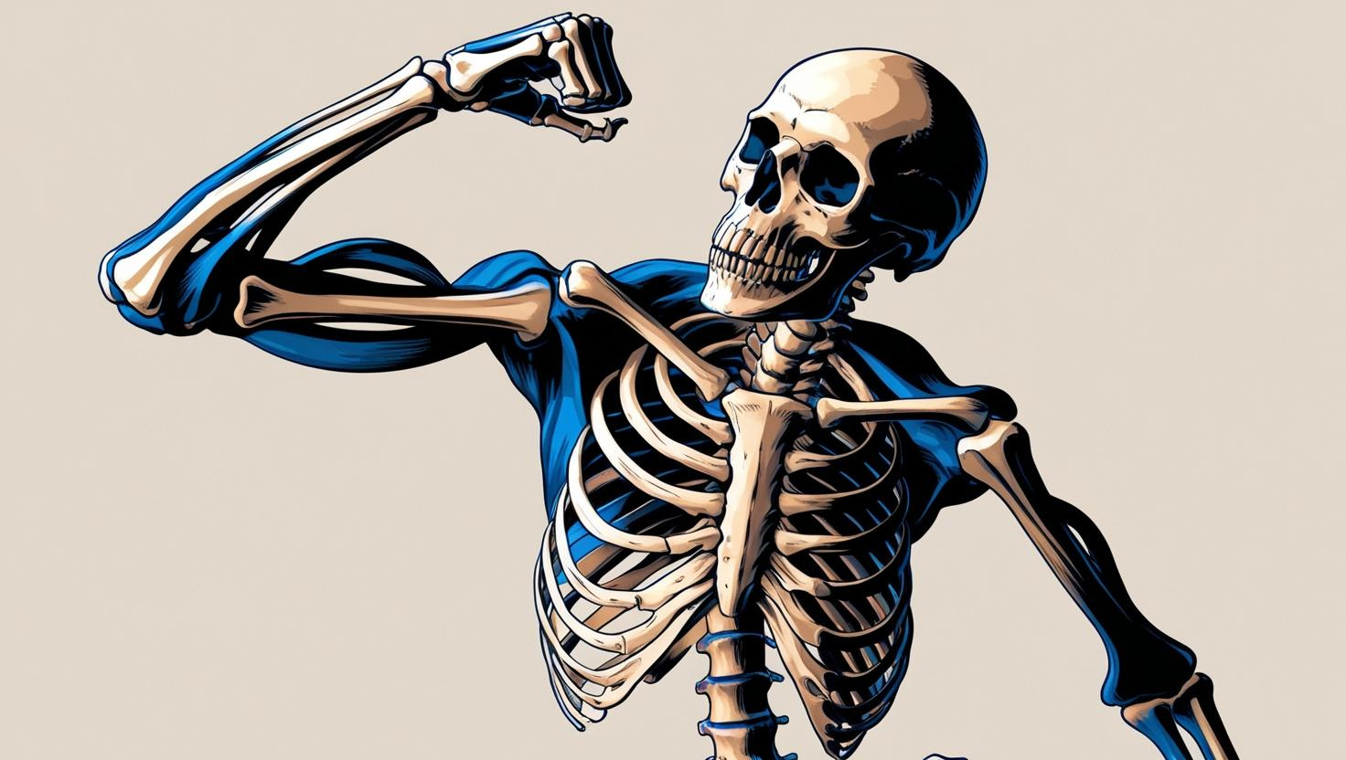 A skeleton flexing and showing the benefits of TRT on bone health.