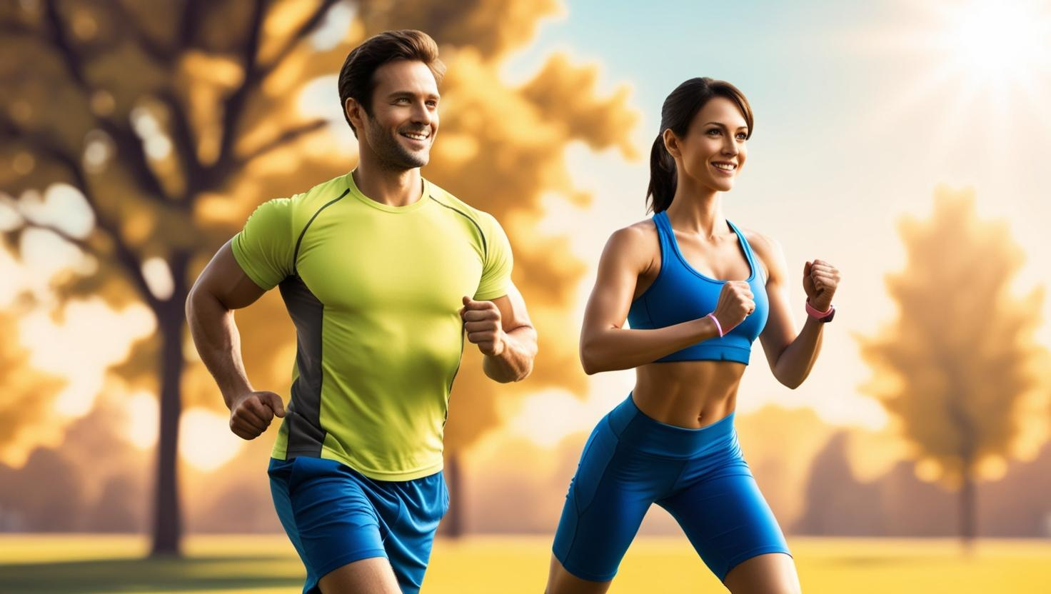 A man and a woman exercising on a dynamic background.