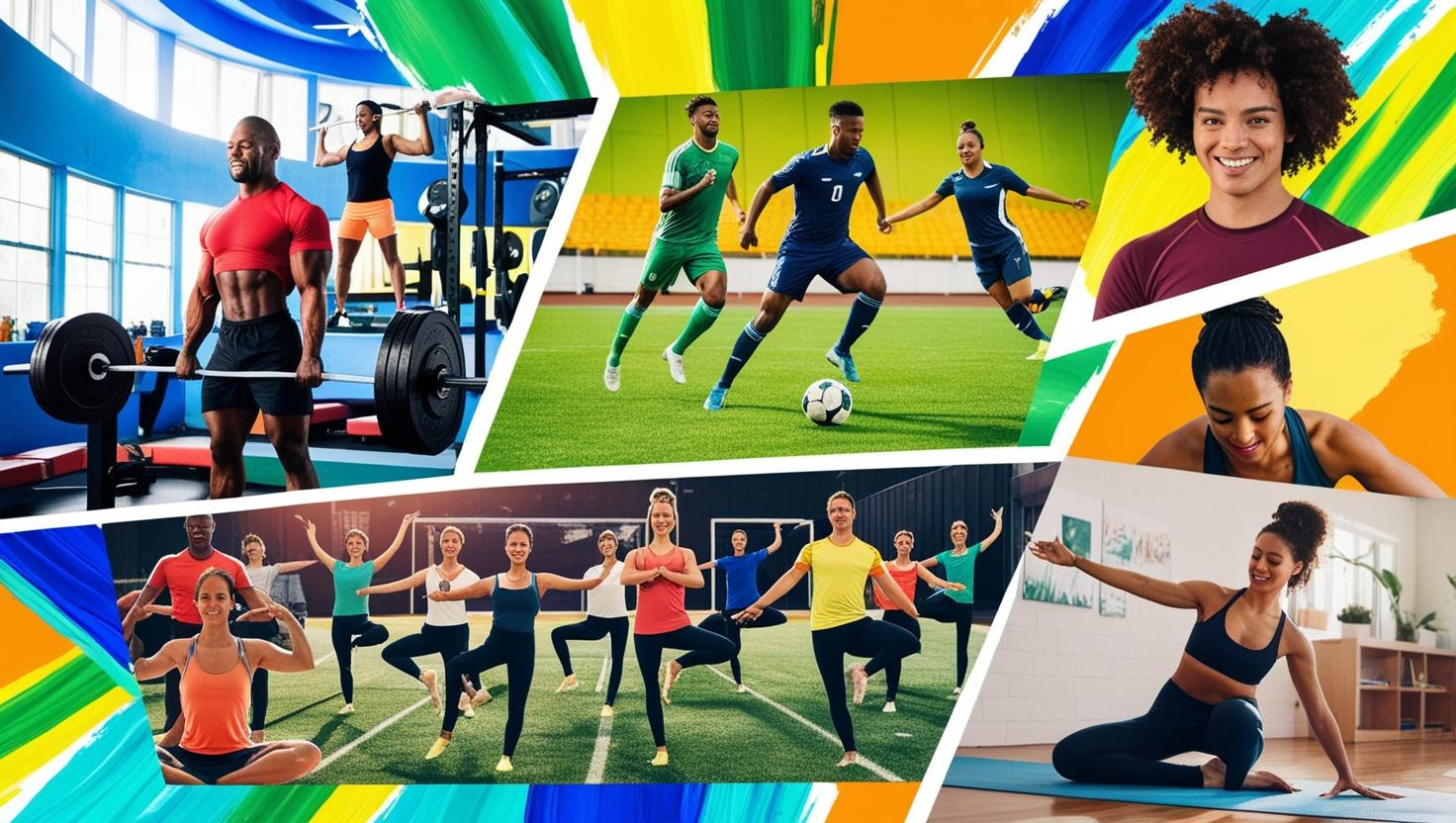 A collage of images relating to working out, playing sports and exercising with a dynamic colorful background