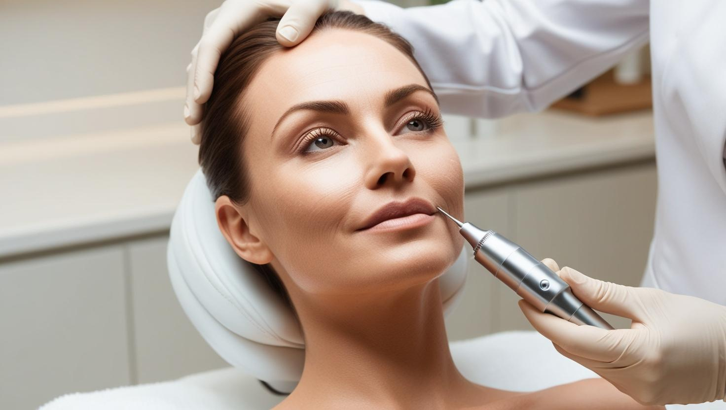 A woman receiving microneedling facial injections at a medspa