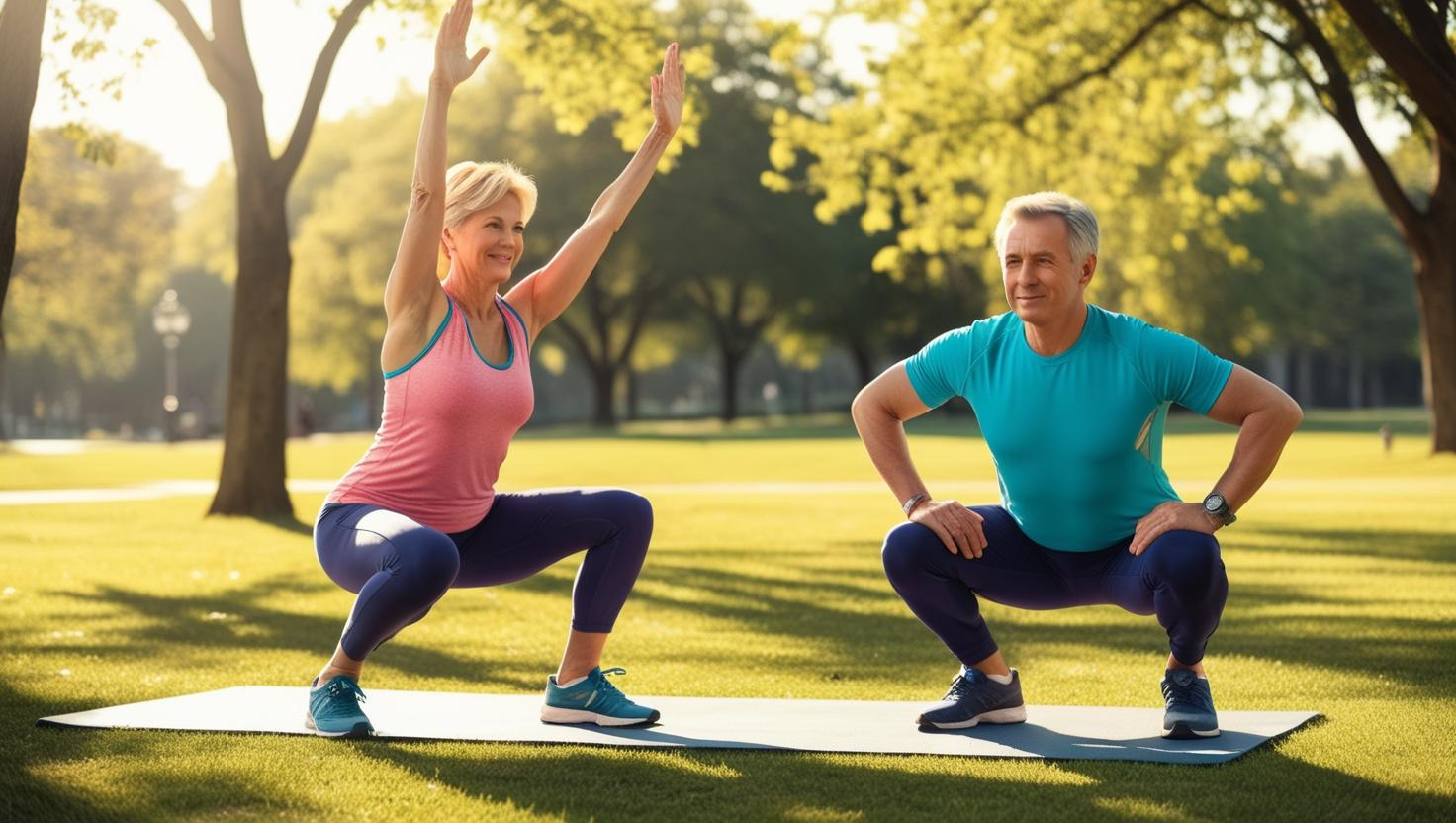 A man and woman, each in their mid 50s to early 60s stretching or doing calisthenics in the park.