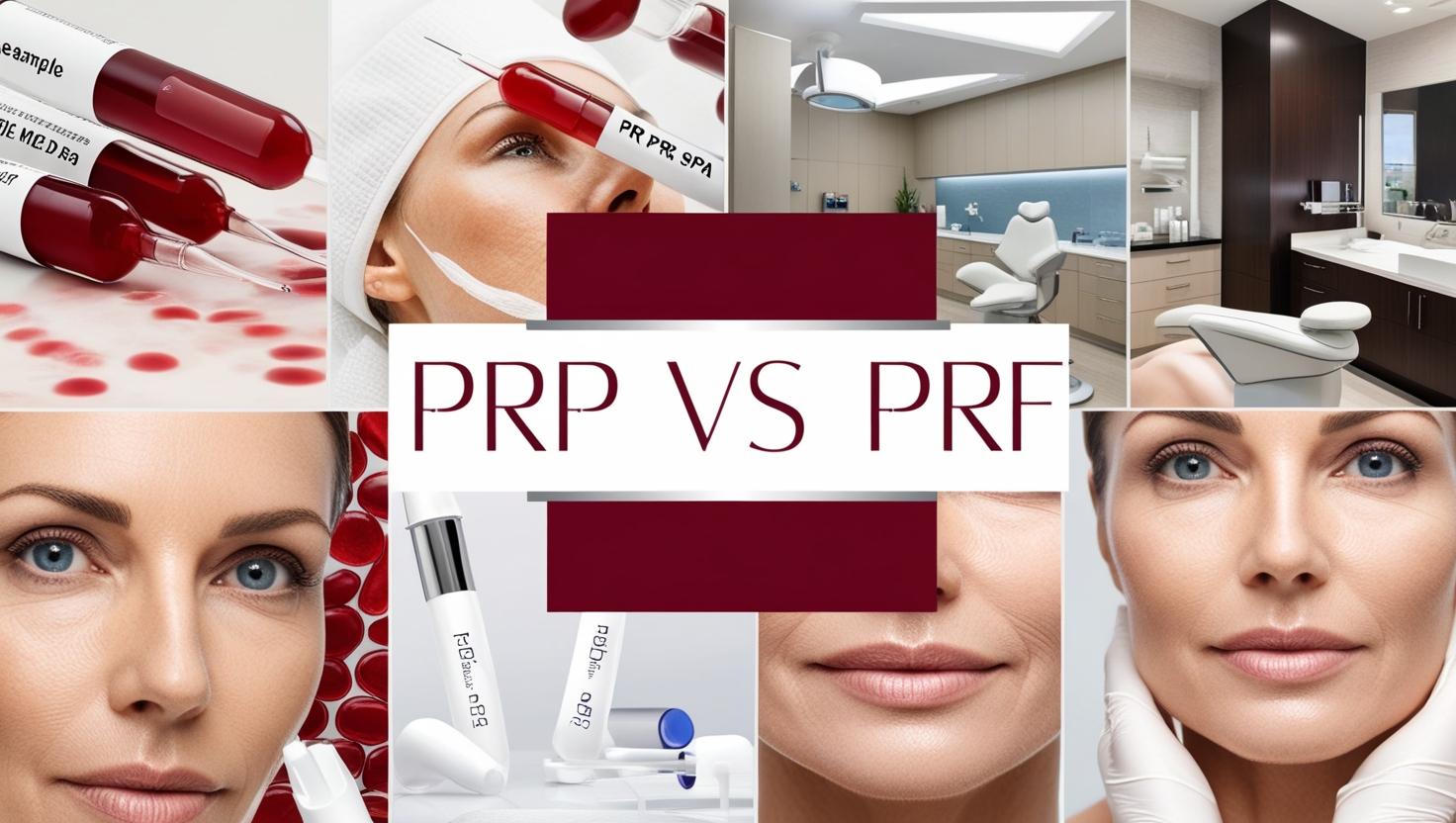 Text reading "PRP vs PRF" on a background collage featuring images related to blood, facials, medspas, etc.