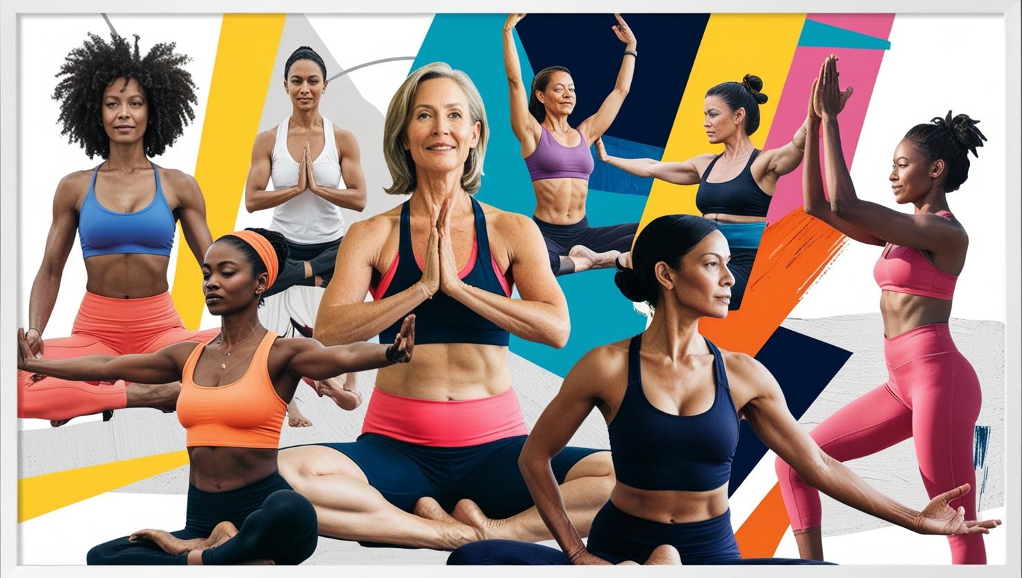 A modern art collage of women exercising, doing yoga, and stretching