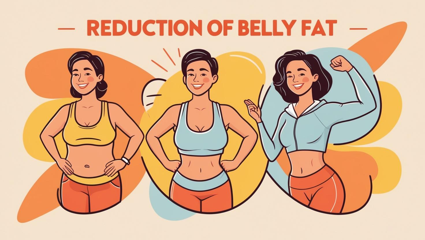 A vibrant, stylized illustration depicting a person's transformative journey to achieve a healthier physique, focusing on the reduction of belly fat. The image should showcase a before-and-after comparison, subtly highlighting the positive changes in body composition through healthy lifestyle choices such as diet and exercise. The "before" image shows a person with noticeable belly fat, dressed in comfortable clothing. The "after" image shows the same person with a more toned physique and reduced belly fat, radiating confidence and well-being, also in comfortable clothing. Use warm, inviting colors such as oranges, yellows, and soft blues, in a dynamic diptych composition, emphasizing the positive transformation. The style should be uplifting and motivational, featuring clean lines and a positive, energetic feel, suitable for use in fitness marketing materials. The overall aesthetic should be realistic, yet stylized to avoid overly-perfect or unrealistic body types.
