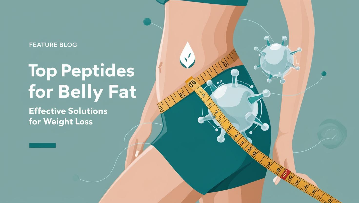 Create a compelling, professional feature image for a blog titled "Top Peptides for Belly Fat: Effective Solutions for Weight Loss." The image should depict stylized, abstract molecular structures representing peptides, interwoven with subtly rendered icons representing healthy lifestyle choices (e.g., a stylized leaf, a water droplet, or a simple weight-lifting figure). A partially visible, slim waist silhouette should be incorporated, subtly suggesting weight loss, alongside a stylish tape measure indicating measurement. Use a clean, modern sans-serif font for the blog title, positioned prominently yet tastefully. Employ a color palette of soft, calming blues and greens, accented with neutral tones, to convey health, wellness, and trustworthiness. The overall layout should feel authoritative and optimistic, emphasizing scientific accuracy and effective solutions while maintaining a visually appealing aesthetic. The image should be high-resolution, suitable for various display sizes.