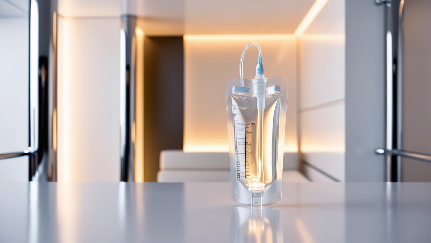 Close-up of a sleek IV bag with clear fluid against a modern, luxurious setting. Add subtle glow effects to symbolize energy, wellness, and rejuvenation.