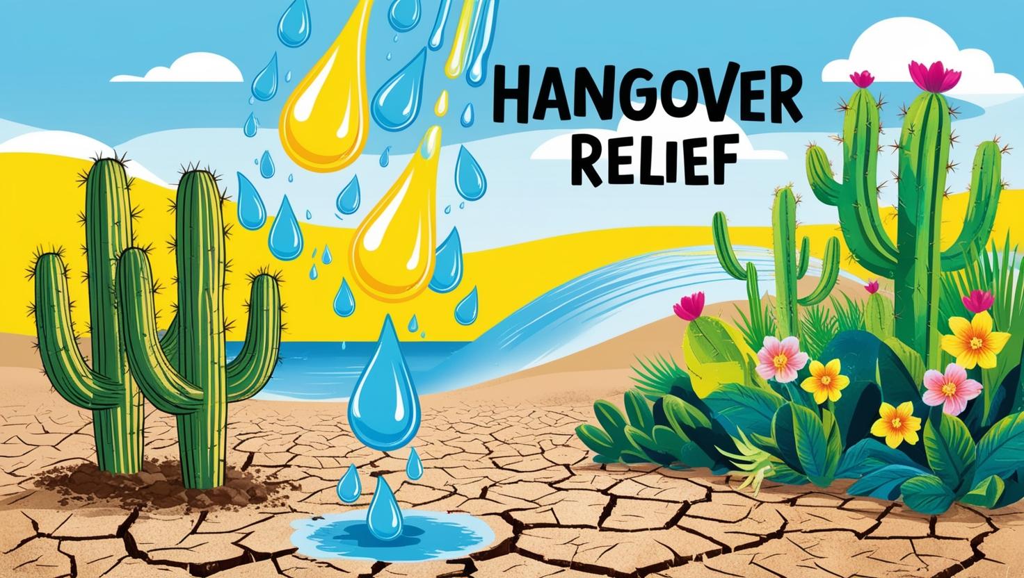 Creative, playful depiction of hangover relief—think bright colors, hydration droplets, and abstract illustrations like cacti or dry desert scenery subtly transitioning into lush, refreshed visuals.