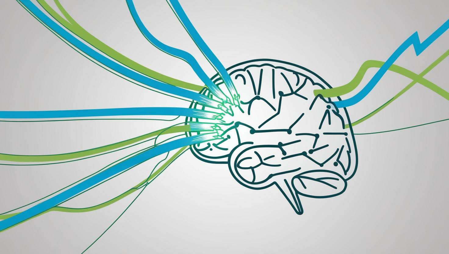 Abstract graphic illustrating mental clarity and cognitive enhancement—clean lines, neurons, brain outlines, and energized electric currents symbolizing sharpness and mental focus.
