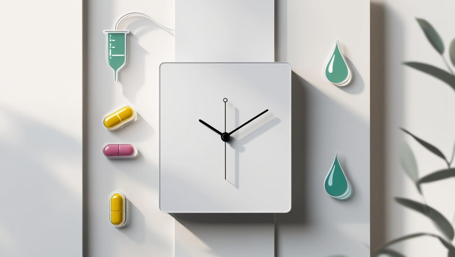 Minimalistic, elegant calendar or clock imagery combined with wellness icons (IV drip, vitamins, water drops), representing flexibility, routine, and personalized wellness planning.
