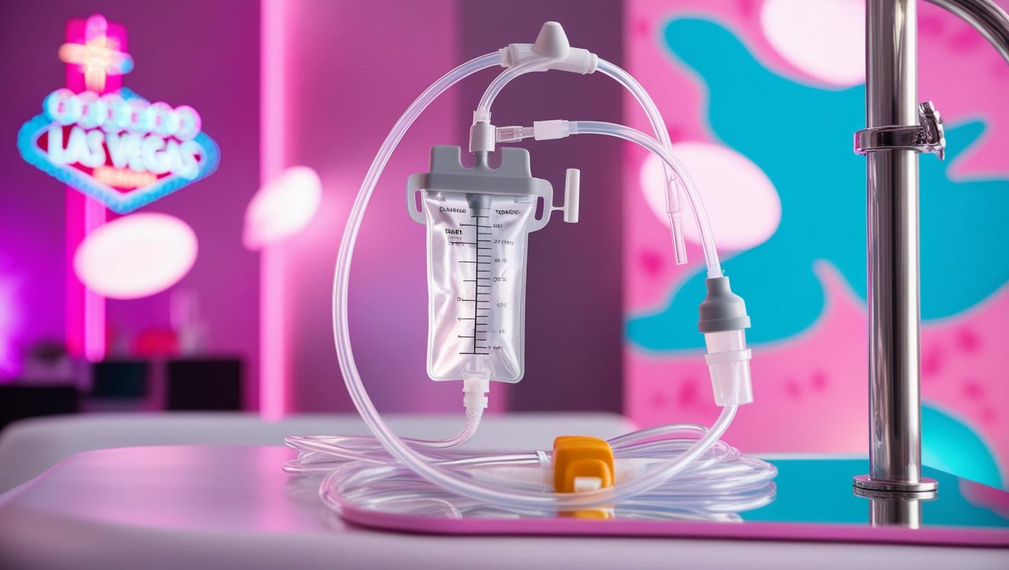 Vibrant and lively image of an IV drip therapy setup against a stylish backdrop with subtle hints of Las Vegas nightlife—glowing neon lights, energetic colors, and a contemporary, inviting atmosphere. Include elements suggesting wellness, hydration, and vitality.