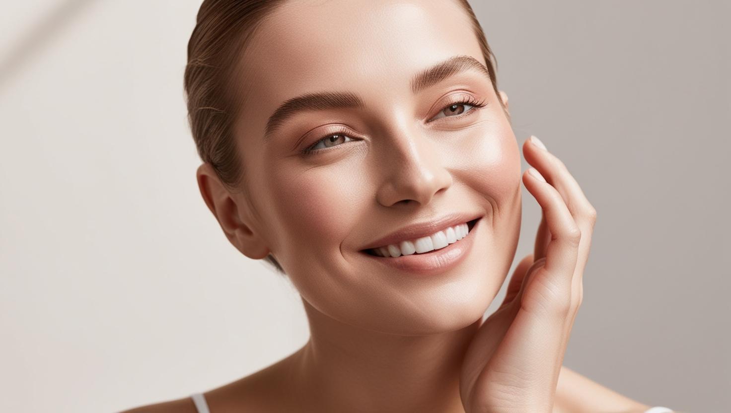 A radiant, relaxed woman with flawless, glowing skin smiling softly.