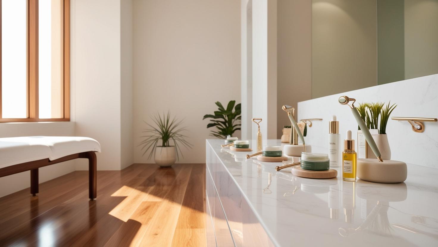 Clean, serene medical spa room with soft lighting, skincare tools neatly arranged, subtle blurred background for a soothing ambiance.