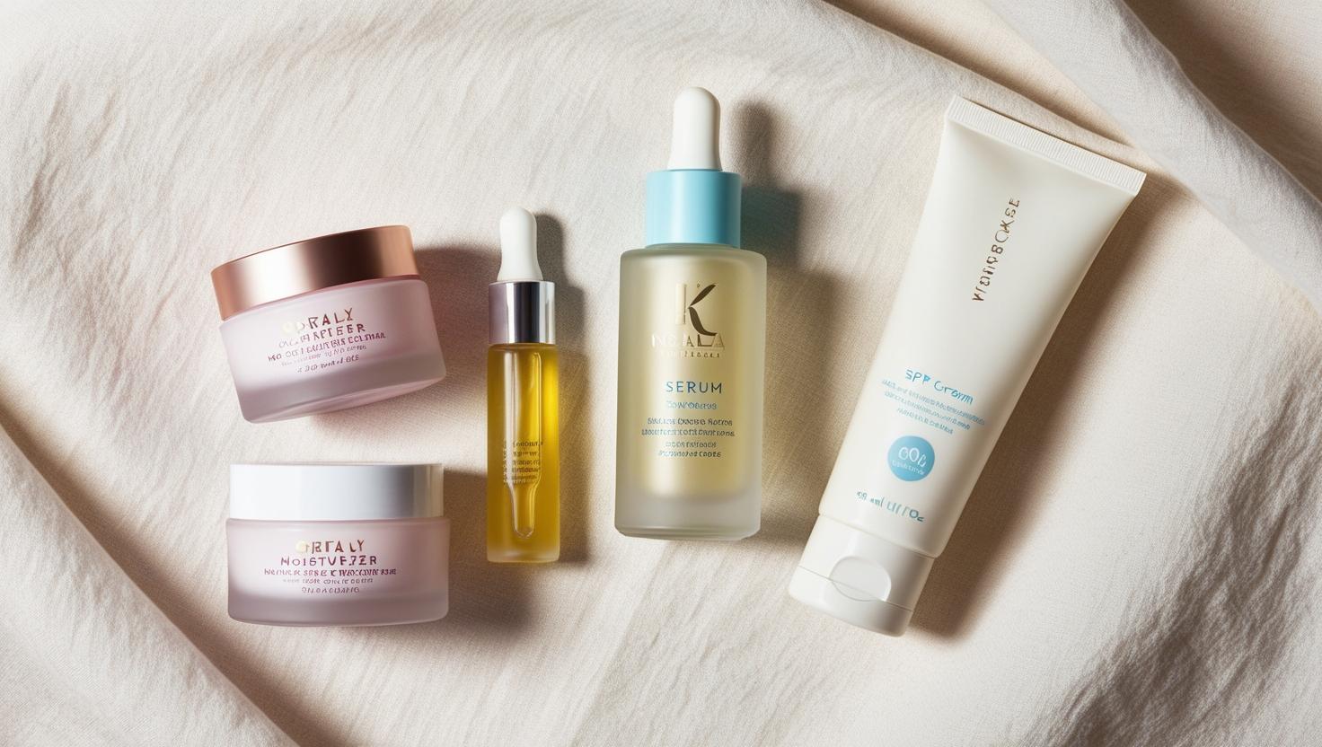 Flat lay composition of skincare products—moisturizers, serums, SPF creams—in gentle pastel hues, soothing, hydrating vibe, minimalistic arrangement.