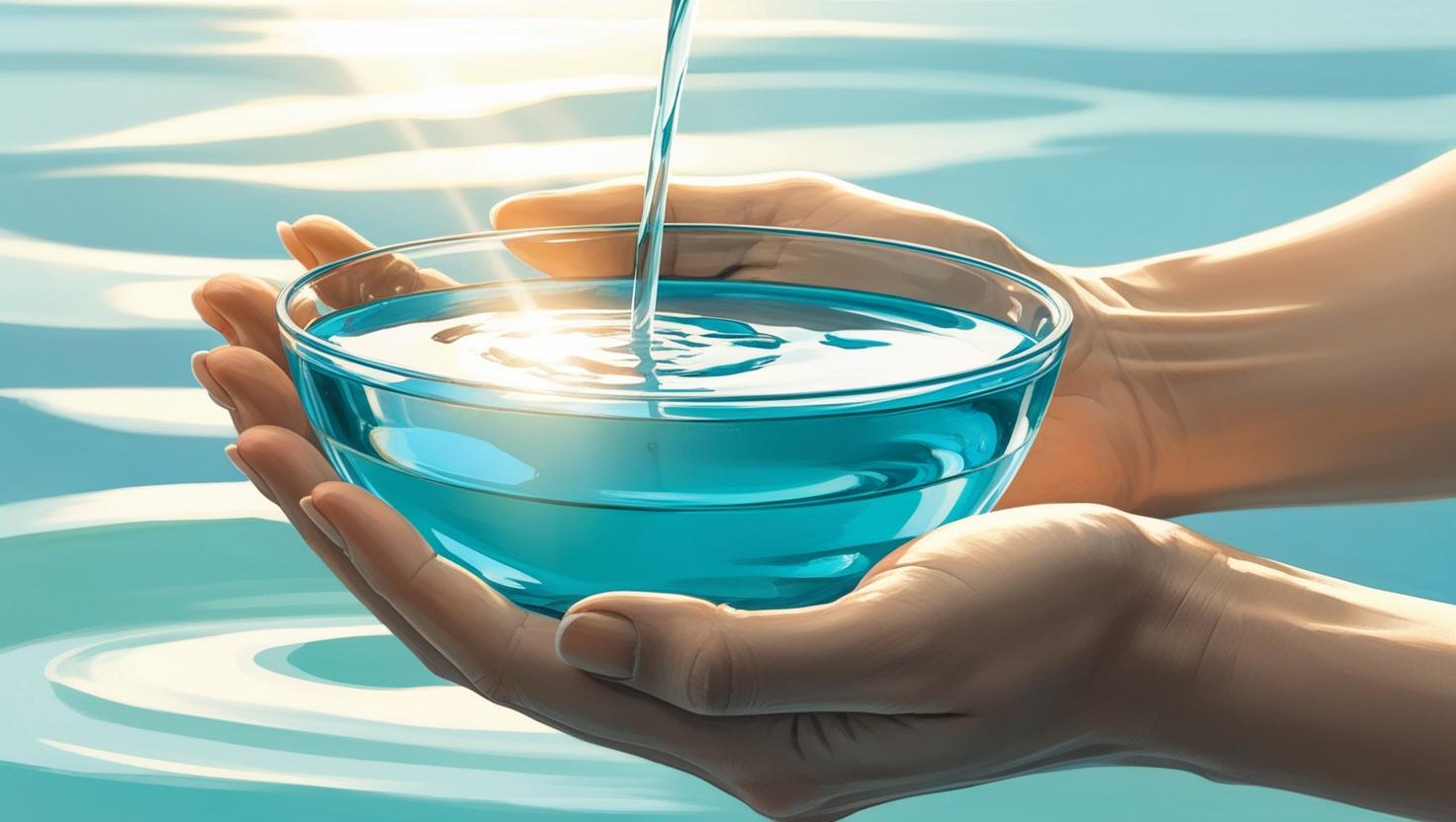 Soft illustration or photo of hands gently cupping water, symbolizing hydration, serene blues, clean aesthetic, calming visual effect.