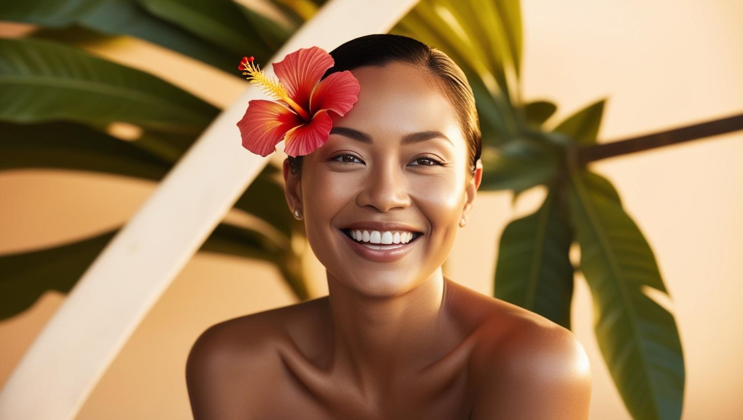 A joyful, relaxed woman confidently showcasing clear, luminous skin, positive and inviting expression, warm tones, aesthetically pleasing composition.