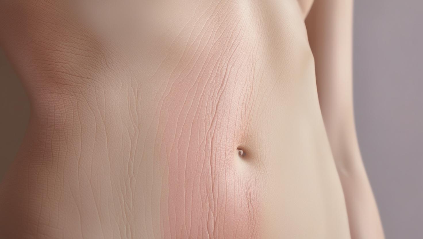 Close-up artistic shot of skin texture, subtly showing gentle lines resembling stretch marks in soft, neutral, muted pastel tones. Emphasis on beauty and naturalness.
