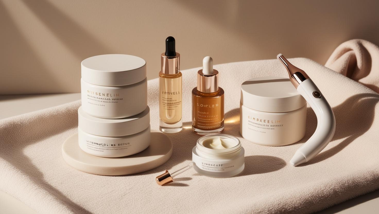 Spa-like flat lay with skincare creams, serums, and a microneedling device elegantly arranged. Soft, inviting, luxurious feel with neutral, calming colors.