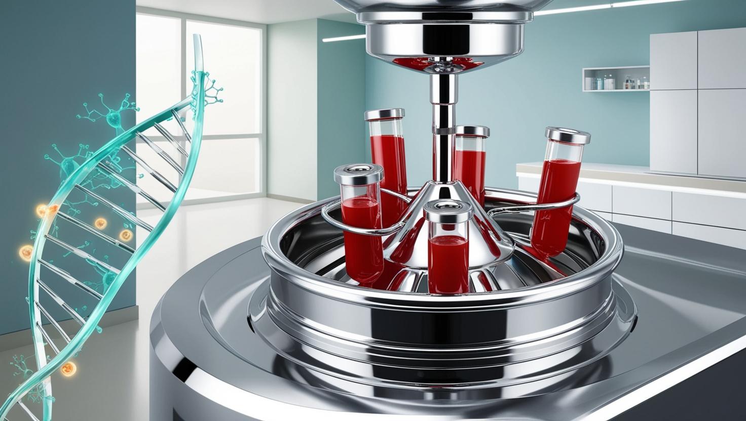 A modern, close-up stylized centrifuge machine with vials of blood being processed. Light medical background with soft lighting. Add subtle overlays of cellular or DNA graphics to hint at regeneration.