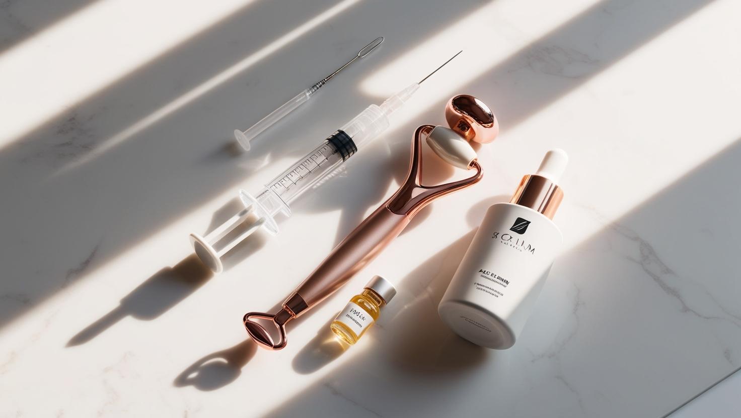 A minimal flat lay of different facial treatment tools – syringe (no needle), dermal roller, face serum bottle – on a marble counter. Include a small PRF vial labeled clearly. 