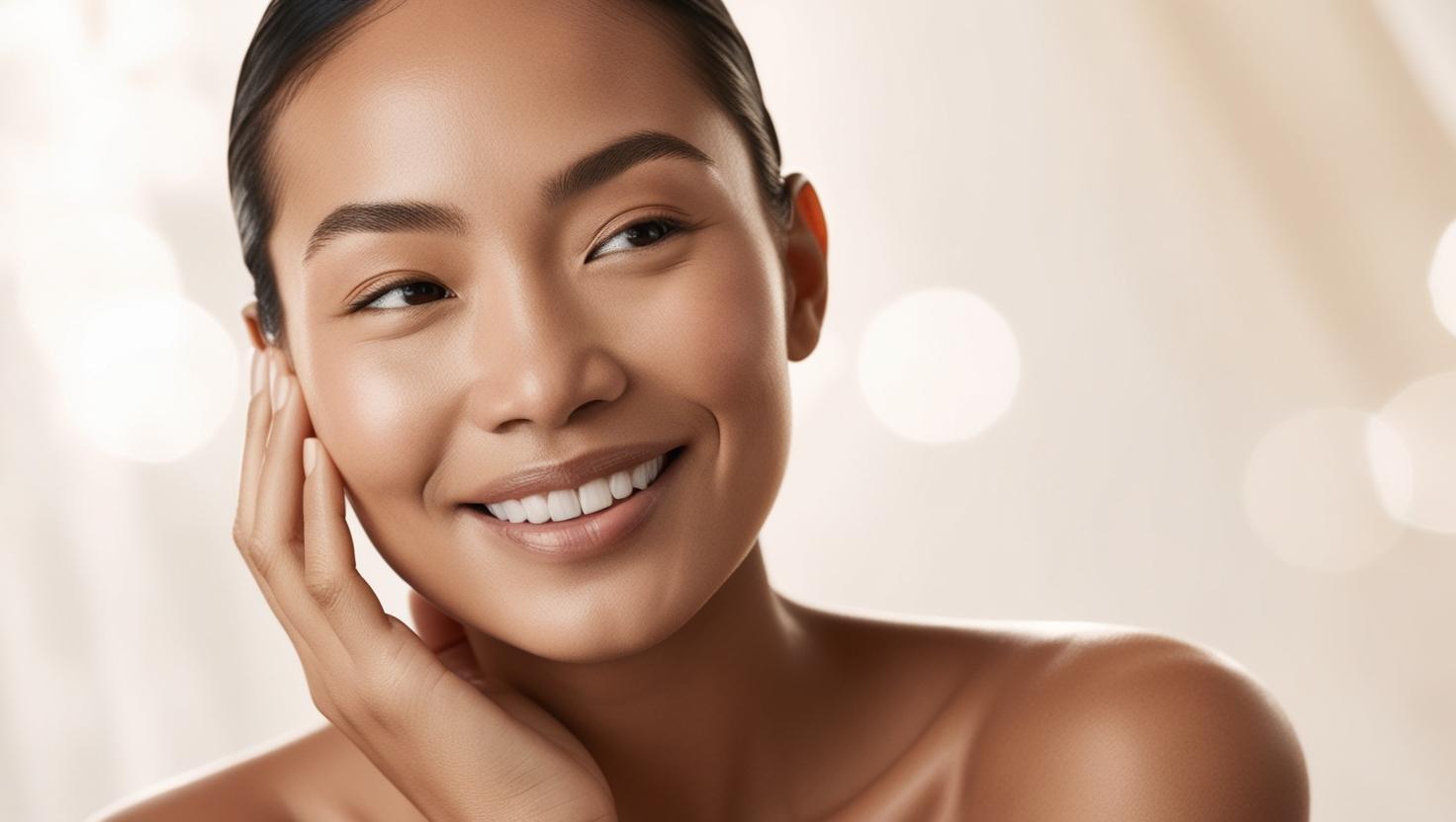 A glowing woman touching her cheek, smiling softly, with smooth, flawless skin. Skin texture is clear and airbrushed but realistic.