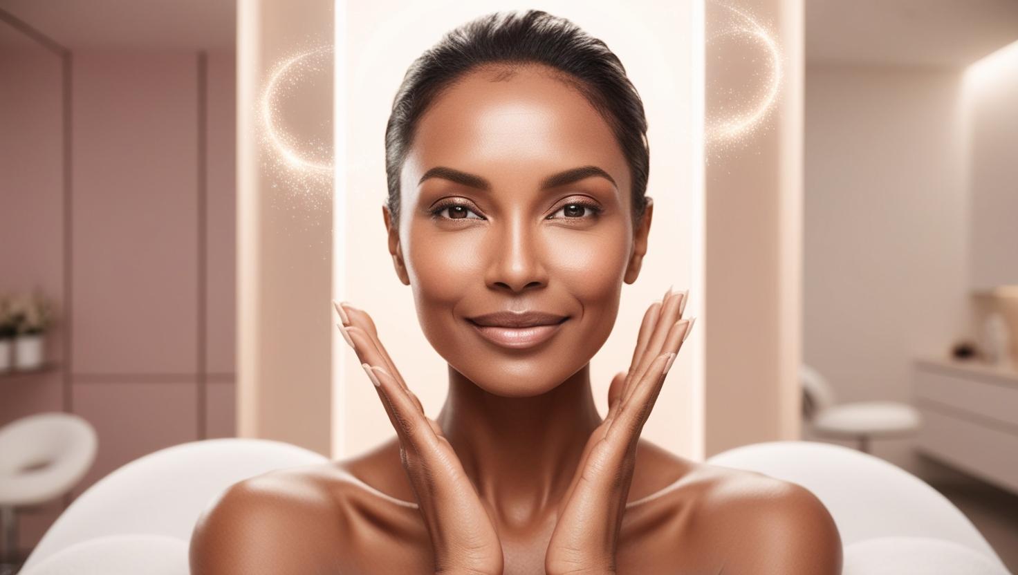 A confident, radiant woman in her 30s with glowing skin, surrounded by ethereal light. Soft pink and beige tones.