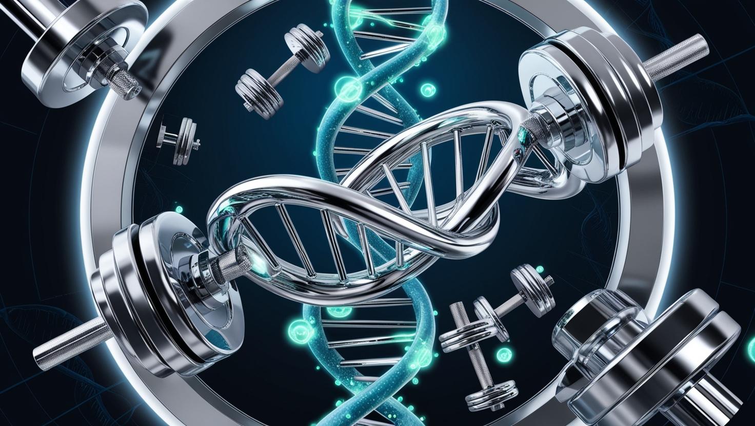 Futuristic double helix DNA strand interwoven with dumbbells and barbells, glowing molecules floating, clean and scientific with a dark blue and white palette, modern medical background, high detail