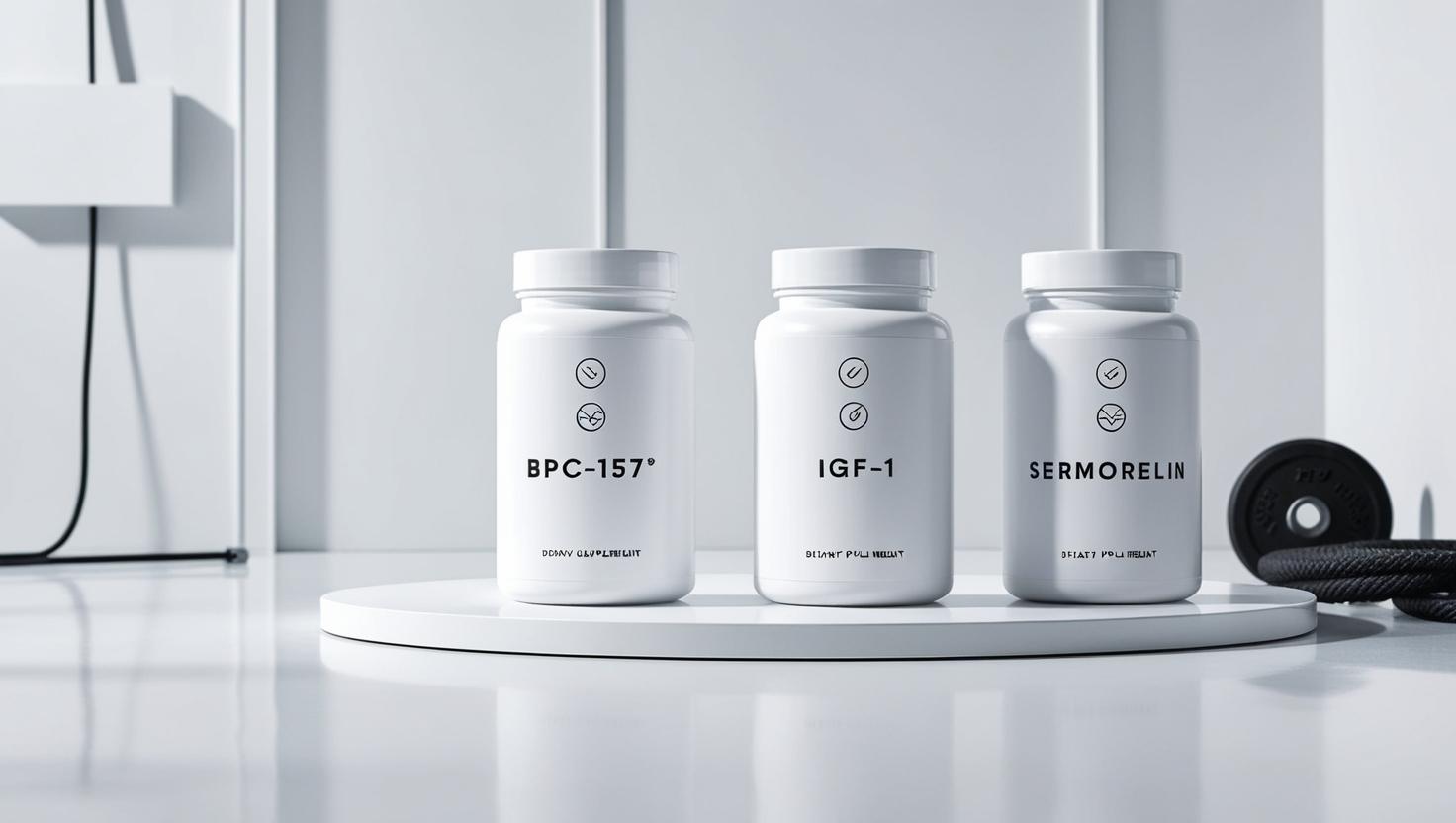 A flat lay photograph of three sleek, white supplement containers labeled BPC-157, IGF-1, and sermorelin, arranged on a pristine white surface. Each container features a minimalist icon representing its contents. The background is a light, clean medical-style backdrop subtly incorporating a few pieces of minimalist CrossFit equipment, such as a jump rope or weight plate, positioned in the corner to maintain a clinical yet subtly athletic feel. The overall aesthetic is clean, modern, and clinical, with sharp lines and a focus on the containers. The image is well-lit and employs a shallow depth of field to ensure the containers are the central focus.