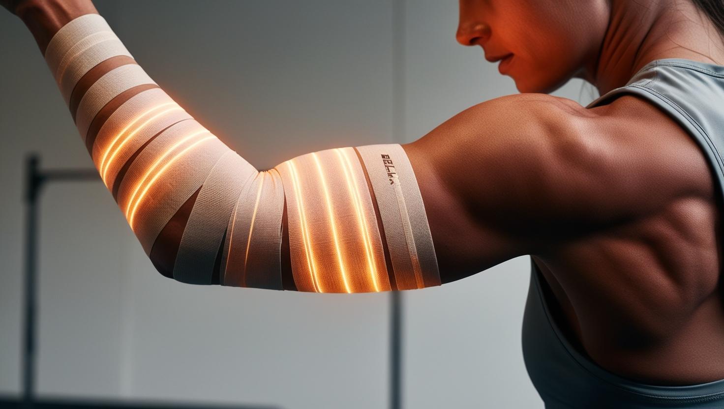 Athlete wrapping knee or elbow with kinesiology tape, soft glowing lines showing tissue regeneration or healing, warm tone lighting, supportive, hopeful feel, minimalist gym or medical setting