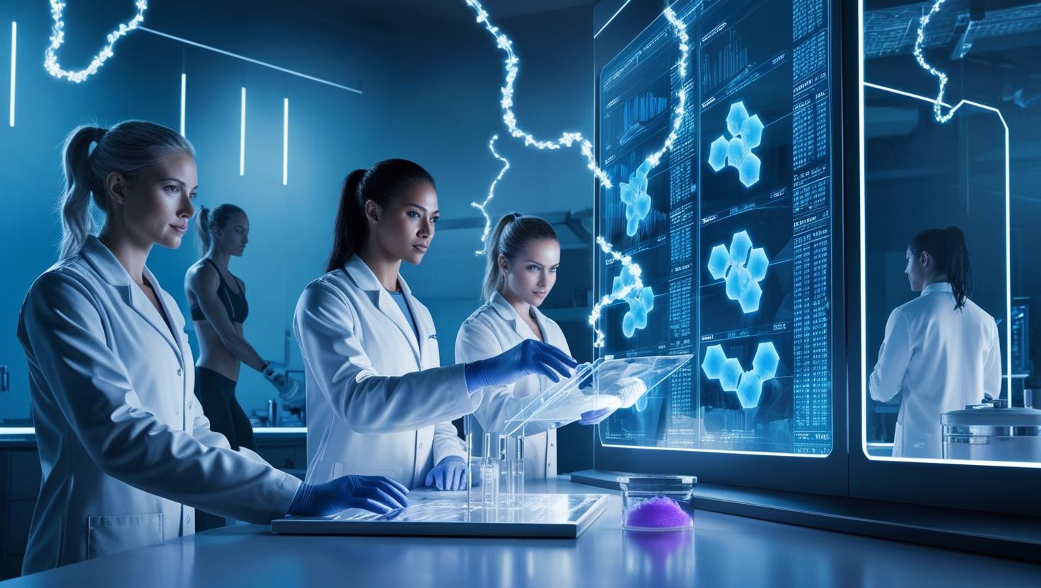 A futuristic laboratory bathed in cool-toned blue and violet light, featuring scientists in sleek white lab coats analyzing molecular data displayed on large, transparent holographic screens. Glowing strands of peptide molecules float in the air, adding to the innovative atmosphere. In the background, the silhouette of a CrossFit athlete is visible, subtly suggesting a blend of scientific advancement and physical prowess. The overall aesthetic is sleek, minimalist, and technologically advanced, with a focus on sharp lines and polished surfaces.