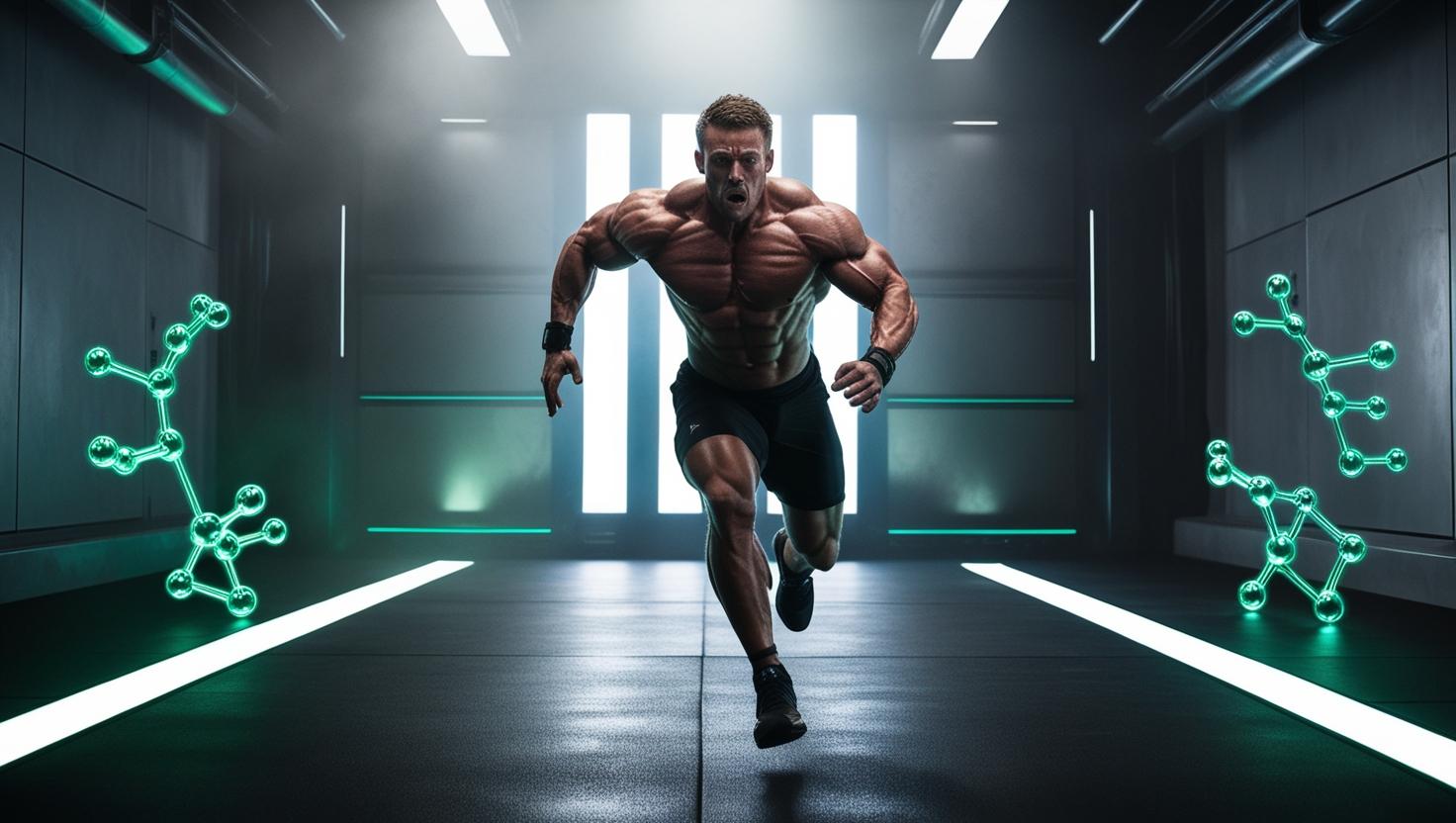 Epic CrossFit athlete in mid-sprint or mid-lift, muscles defined, intense lighting, futuristic gym background, molecular structures glowing subtly around the athlete, bold contrast, high energy, sci-fi meets fitness aesthetic, cinematic style