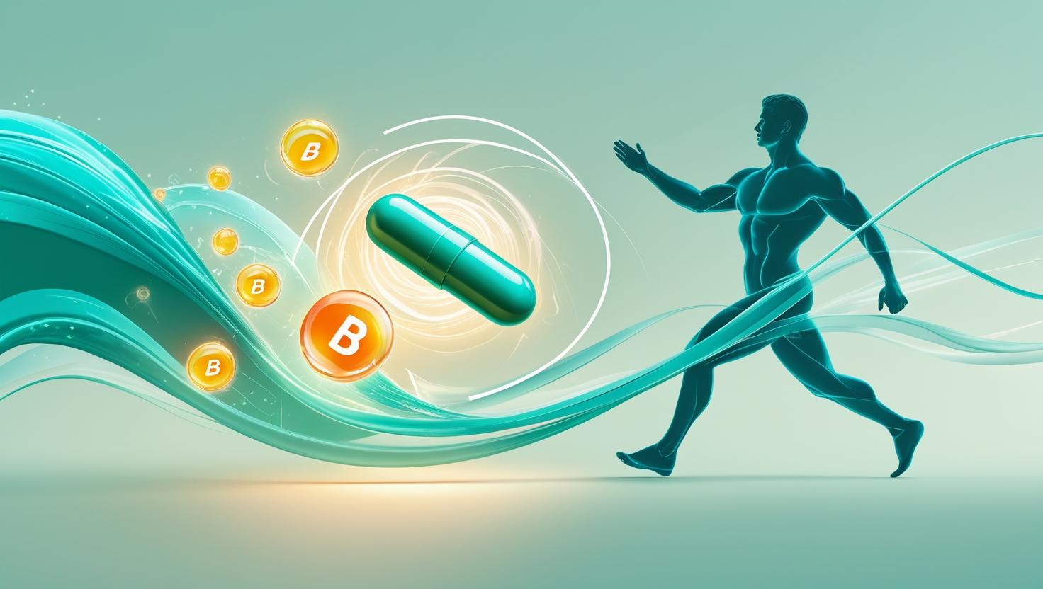 A modern, clean design featuring a vibrant B Complex vitamin capsule and injection vial, depicted with photorealistic detail. Dynamic swirls of bright, glowing teal and amber energy surge around the capsule and vial, interwoven with abstract, glowing icons representing cellular metabolism. The backdrop is a subtle, calming gradient of light seafoam green transitioning to a soft sky blue, symbolizing vitality and health. Faint, stylized silhouettes of a healthy adult human figure in dynamic motion subtly suggest weight loss and increased energy. The overall style is sleek, minimalist, and medical, incorporating soft, organic shapes for a touch of wellness aesthetics.