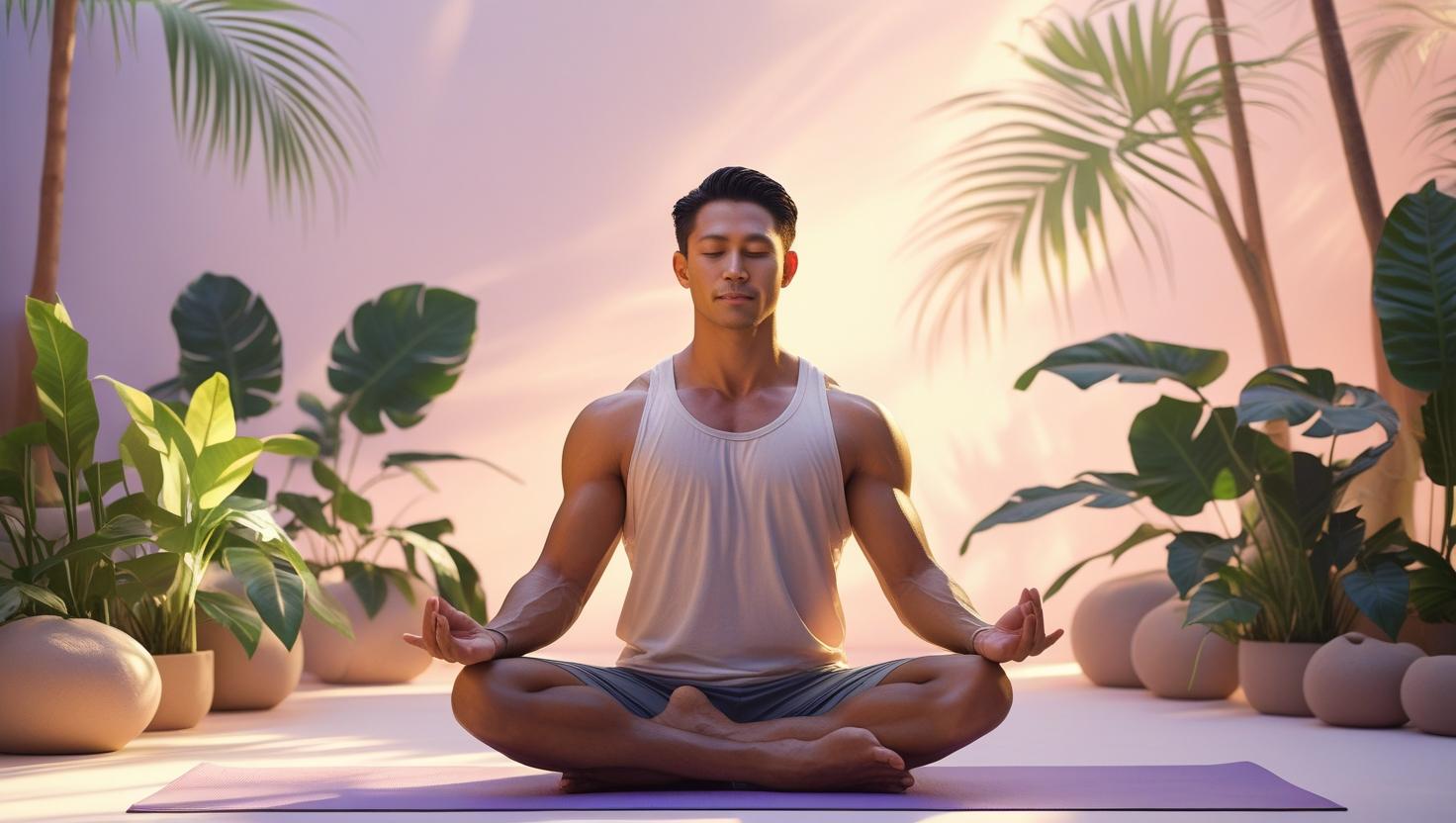A person meditating or practicing yoga, surrounded by calming natural elements like plants, soft light, and a peaceful environment