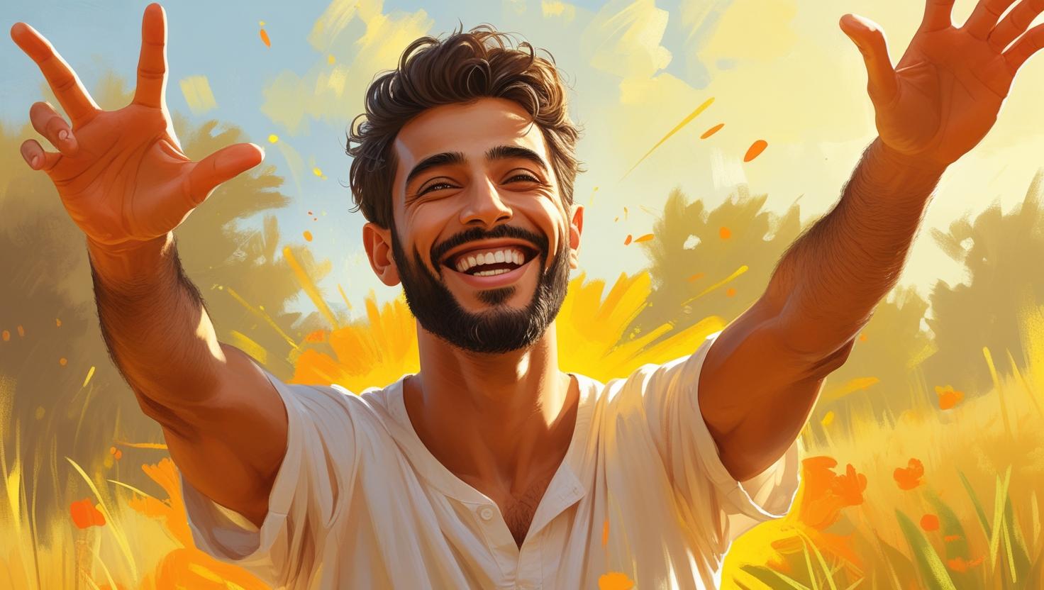 A vibrant, joyful portrait of an Arab male, radiating energy and happiness. He's outdoors in a sun-drenched landscape, bathed in warm yellows and oranges. His smile is genuine and wide, reflecting a sense of vitality and transformation. The image should evoke feelings of optimism and well-being, utilizing a painterly style with soft lighting and a focus on bright, uplifting colors to represent the positive effects of hormone optimization. The scene should be peaceful and joyful, devoid of any potentially controversial elements.