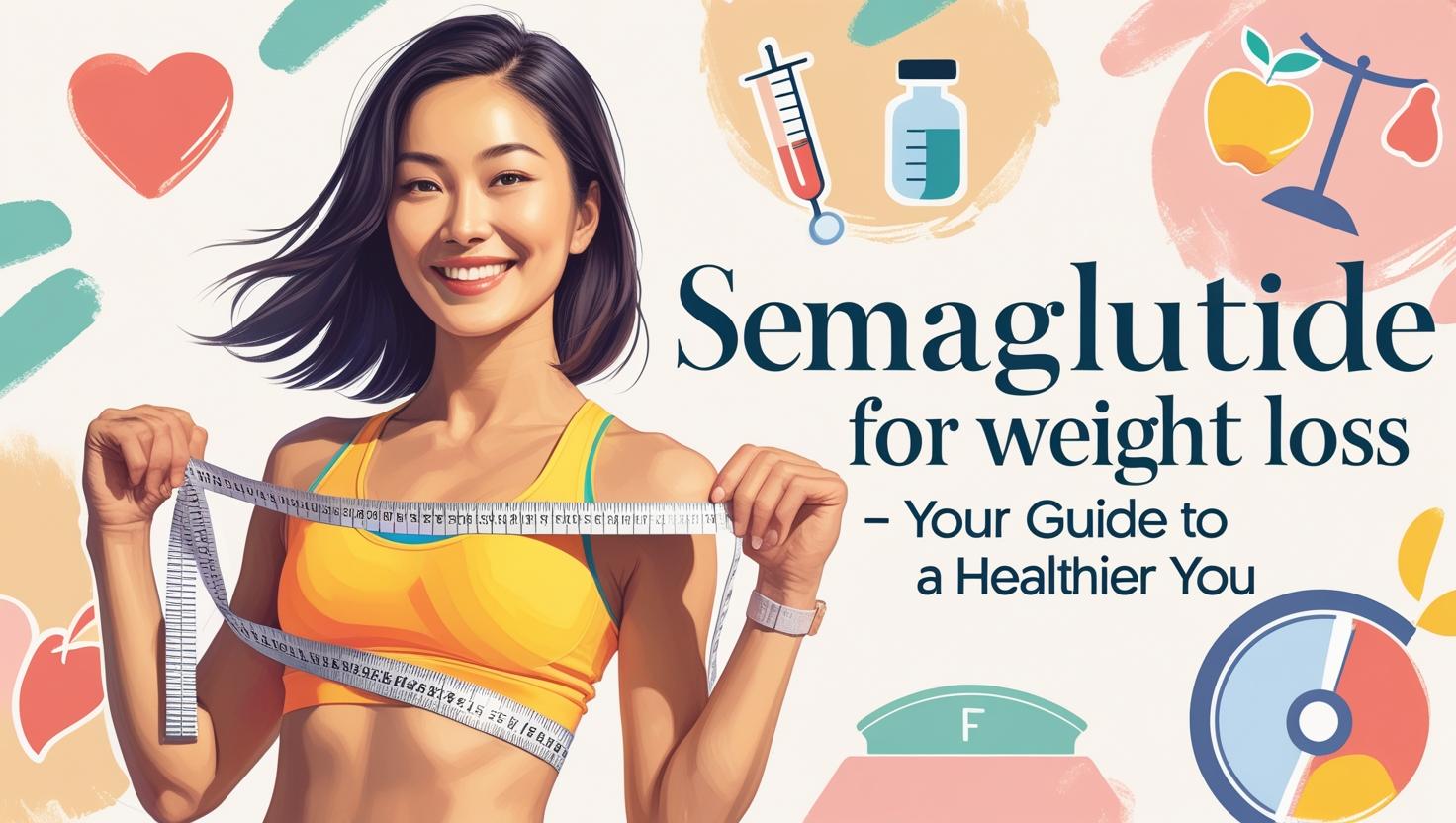 A confident, healthy woman in her 30s, with a warm smile, wearing stylish, vibrant athletic wear, holds a measuring tape loosely around her waist. The background features a bright, uplifting palette with soft, pastel-colored abstract medical icons—a stylized heart, syringe, apple, and scale—rendered in a painterly style. Modern, clean sans-serif typography reads ‘Semaglutide for Weight Loss – Your Guide to a Healthier You’ in a friendly, empowering font. The overall style is editorial, friendly, and empowering, with a focus on positive imagery and a bright, airy feel.