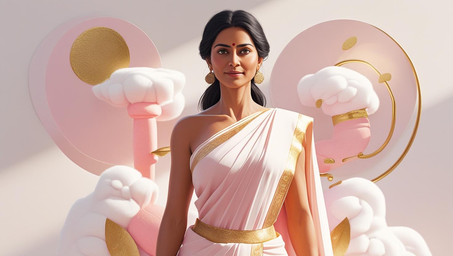 Modern digital art in a minimalist, elegant style depicting an empowered Indian woman in her midlife, confidently standing in soft, natural light. She is surrounded by abstract pastel pink, white, and gold representations of hormones and energy, evoking a calming medical-wellness spa atmosphere. No stereotypical cultural items are present. The overall aesthetic is clean and sophisticated.