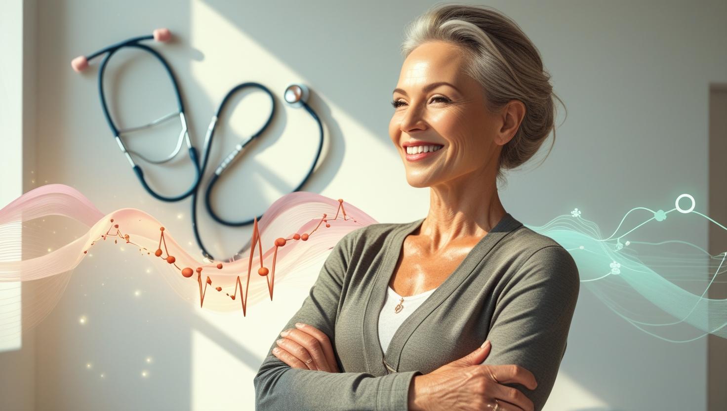 A confident midlife woman with glowing, healthy skin, wearing a stylish yet casual outfit, arms crossed, smiling with strength and grace. Soft, natural light illuminates her from the side in a clean, modern setting. The background features subtle medical/wellness elements: a stethoscope subtly placed, stylized representations of hormone molecules, and gentle, flowing energy waves in muted pastel colors. The overall aesthetic is empowering, professional, and vibrant, perfect for a wellness blog hero image. The woman's expression conveys self-assurance and well-being.