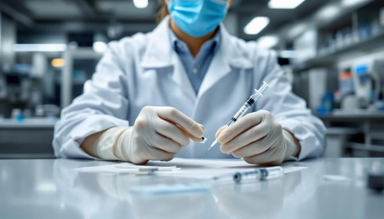 A healthcare professional is seen in a clean medical environment, meticulously preparing a peptide injection, which signifies advancements in peptide therapy for tissue regeneration and pain relief. This scene highlights the potential of synthetic peptides like BPC 157 in promoting healing and reducing inflammation for conditions such as chronic joint pain and sports injuries.