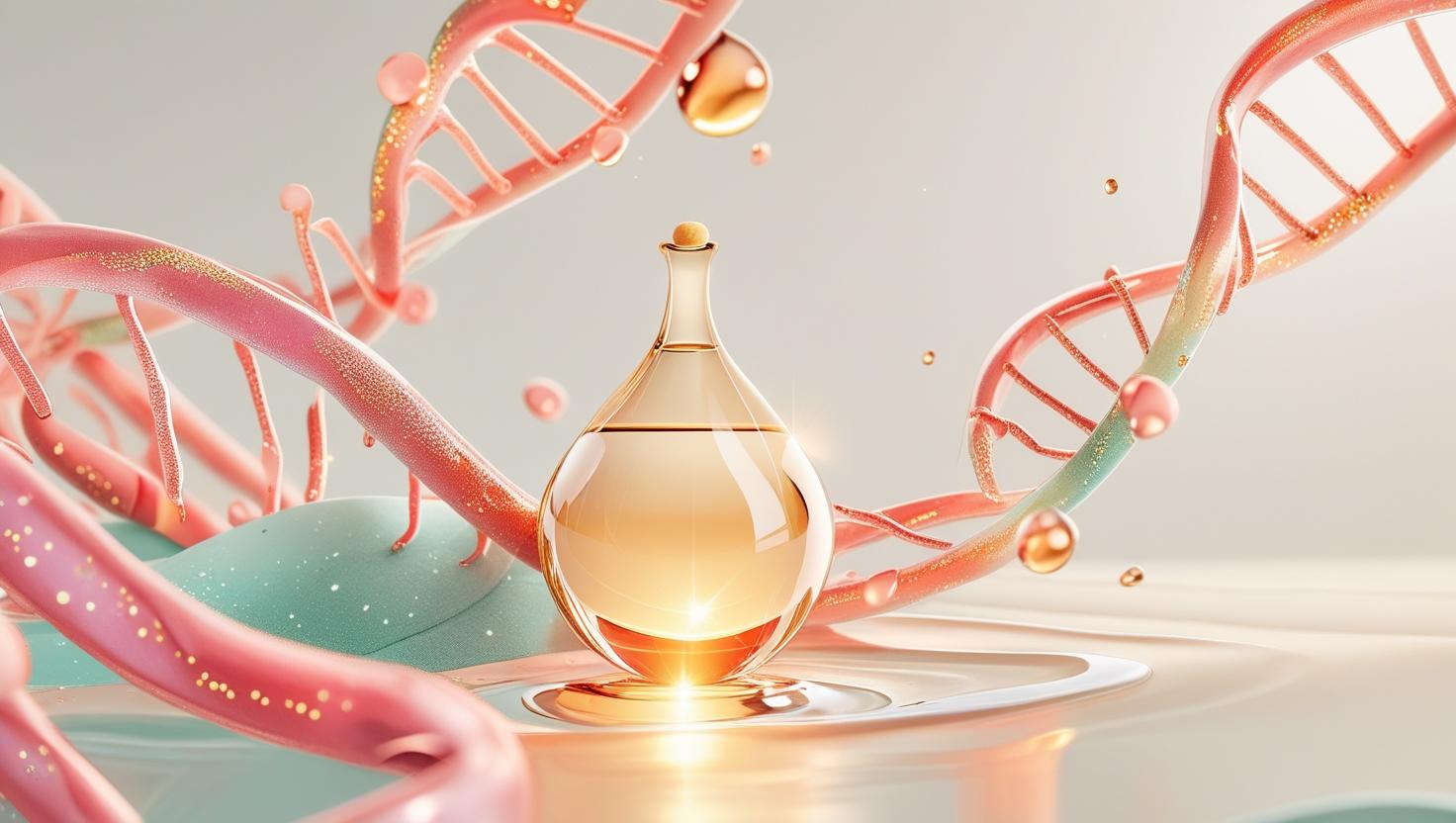 A minimalist illustration depicting an elegant scientific skincare concept. Strands of DNA, rendered in shimmering coral and teal, gracefully swirl around luminous drops of serum, glowing with a soft, golden light. The background is a clean, off-white, emphasizing the serum and DNA. The overall aesthetic is soft pastel, evoking feelings of rejuvenation and renewal. The style should be smooth and slightly abstract, focusing on the beauty of the scientific elements.