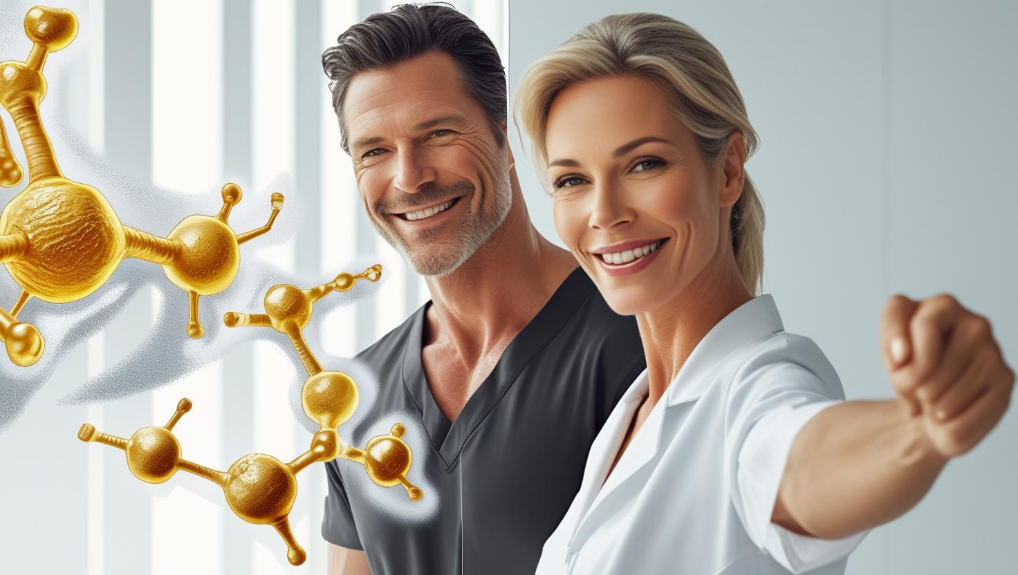 A sleek, modern medical wellness concept: split-screen design showing a confident, healthy man and woman in their 40s, smiling with vibrant energy, contrasted with a detailed scientific graphic of hormone molecules and peptide chains rendered in soft white and gold tones. The background is clean and minimalist, evoking a luxurious medical spa aesthetic. Cinematic lighting accentuates the subjects and graphic, creating a high-contrast, ultra-high-resolution image.