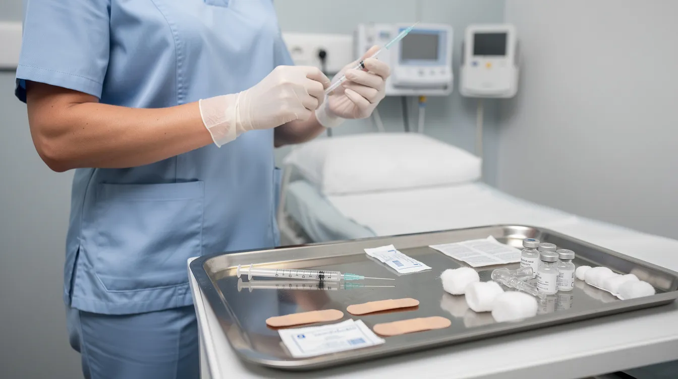 A healthcare provider is in a clean medical office, carefully preparing a subcutaneous injection with various medical supplies organized on a tray. The scene emphasizes the importance of proper dosing for weight management and chronic weight management, highlighting the role of FDA-approved drugs in treating obesity and managing blood sugar levels.