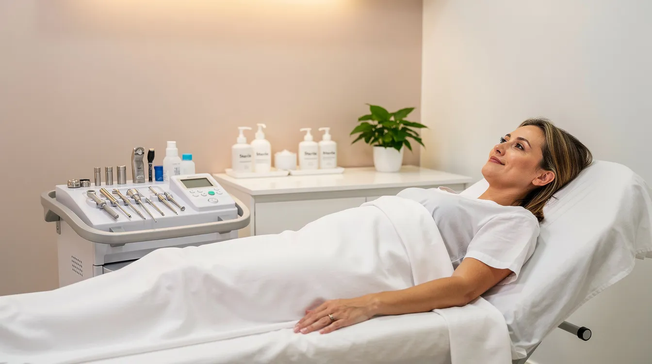 A patient is lying comfortably on a treatment bed in a clean, softly lit medical clinic room, preparing for a microneedling treatment aimed at improving skin texture and addressing skin concerns such as acne scars and fine lines. The controlled environment suggests a focus on providing a minimally invasive procedure with optimal results for skin rejuvenation.