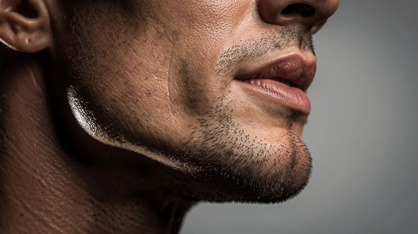 A close-up view of a man's defined jawline and lower face from a side angle, showcasing the contours of his facial anatomy. The image highlights the strong masseter muscle, often targeted in cosmetic treatments like jaw botox for a refined jawline and to alleviate jaw tension.