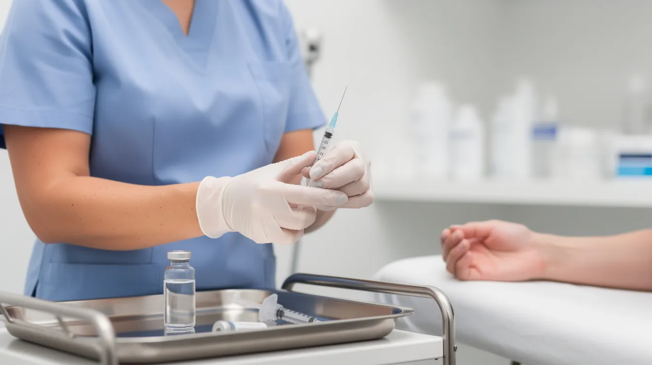 A medical professional is seen preparing a small subcutaneous injection in a clean and bright clinical setting, emphasizing proper injection technique for therapies like sermorelin, which may be used to address growth hormone deficiency and improve overall health. The environment reflects a focus on safety and medical supervision in hormone optimization treatments.
